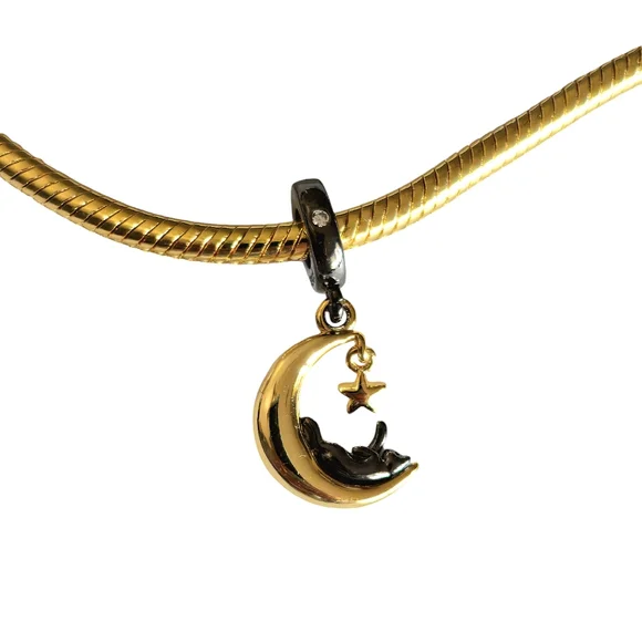 Sterling Silver Black & Gold Cat & Cresent Moon Dangle Pendant Bracelet Charm - Picture 3 of 6